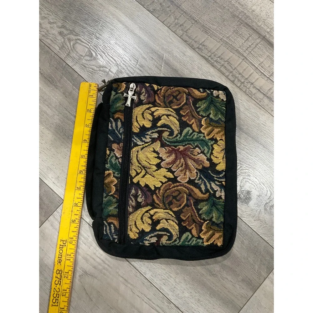 Vintage Tapestry Bible Cover Travel Organizer Cross Charm Floral Acanthus Black
